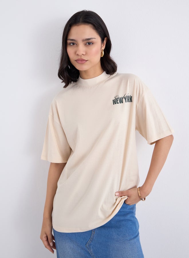Styli Beige Graphic Print Oversized T-Shirt - Image 1
