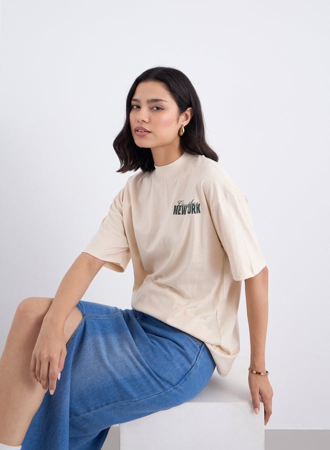 Styli Beige Graphic Print Oversized T-Shirt - Image 3