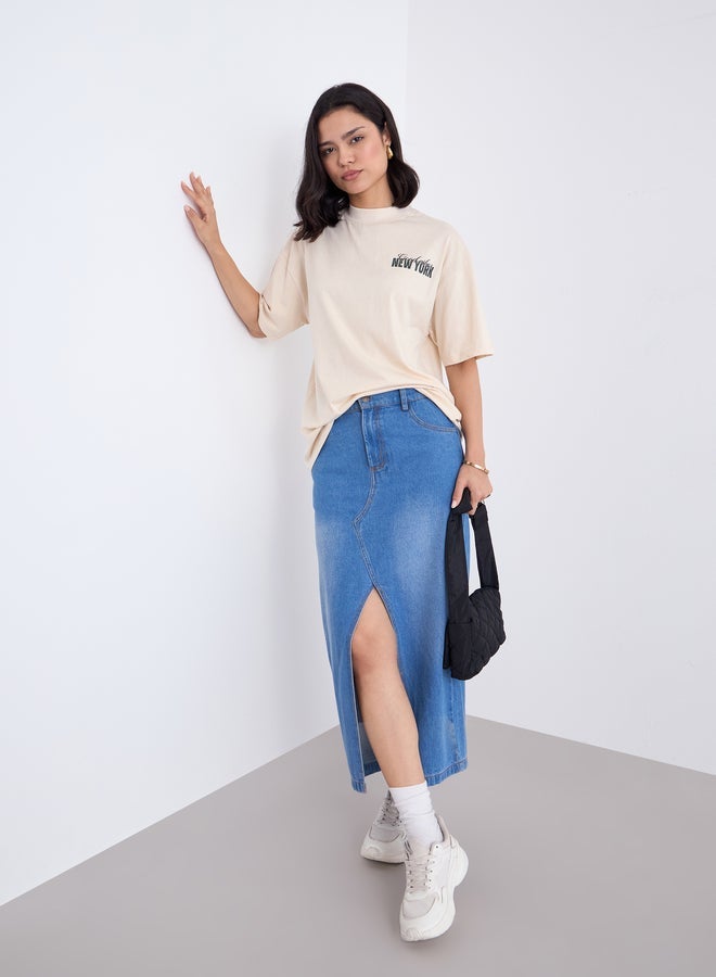 Styli Beige Graphic Print Oversized T-Shirt - Image 2