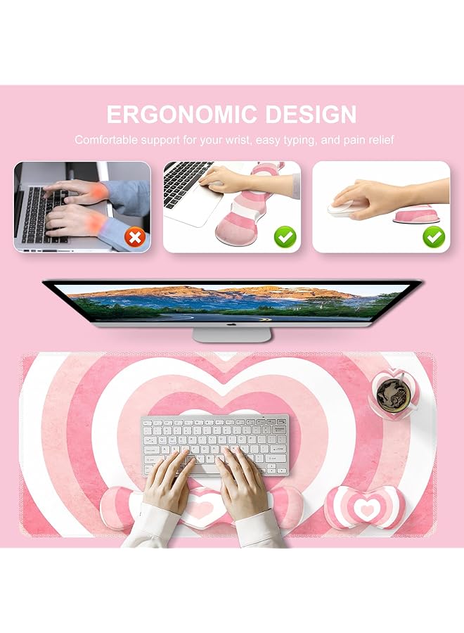 erorex Keyboard Mouse Pad Set Large Gaming Mouse Pad + Keyboard Wrist Rest + Mouse Pad With Wrist Support + Coaster Easy Typing Pain Relief Desk Mat Set Valentines Day Gifts For Her Pink Heart - Image 3