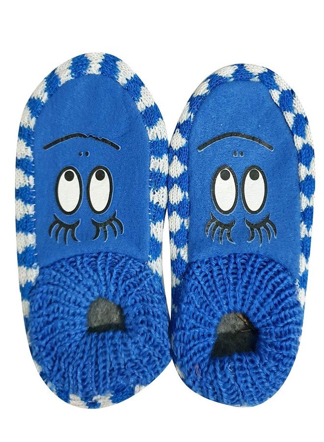 Malvina Kids Cute Eye Look Little Boy and Girl Multicolour Warm Winter Slipper Socks, Knitted Booties Slipper Indoor Socks with Soft Rubber Sole (Blue,Pack of 01)-(6-7 Years) - Image 1