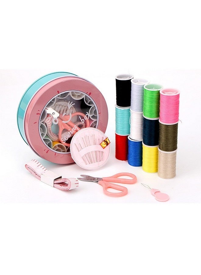 بيوينتي مجموعة خياطة صندوق خيوط خياطة صغير مجموعة خيوط خياطة سفر DIY مع صندوق حديدي للمبتدئين في الخياطة أو عشاق الأعمال اليدوية - Image 1