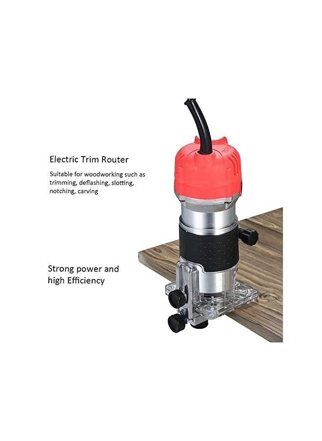 erorex - 220V 800W Trim Router 30000r/min with Transparent Base Edge Guide Wood Laminate Electric Trimmer Compact Palm Router Corded for Woodworking Trimming Slotting Notching/Aluminum Red/EU - Image 1