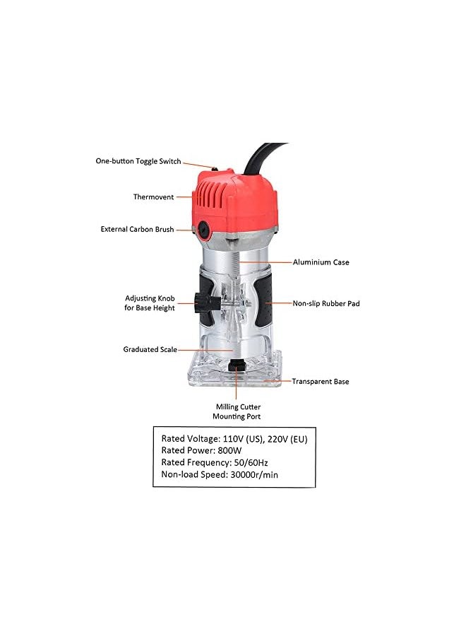 erorex - 220V 800W Trim Router 30000r/min with Transparent Base Edge Guide Wood Laminate Electric Trimmer Compact Palm Router Corded for Woodworking Trimming Slotting Notching/Aluminum Red/EU - Image 1