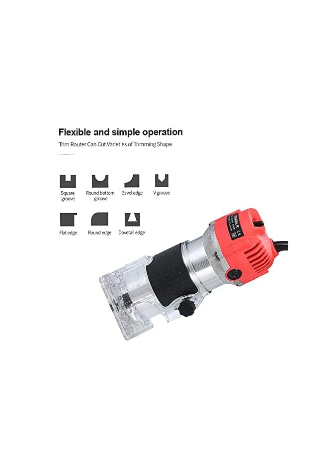 erorex - 220V 800W Trim Router 30000r/min with Transparent Base Edge Guide Wood Laminate Electric Trimmer Compact Palm Router Corded for Woodworking Trimming Slotting Notching/Aluminum Red/EU - Image 1