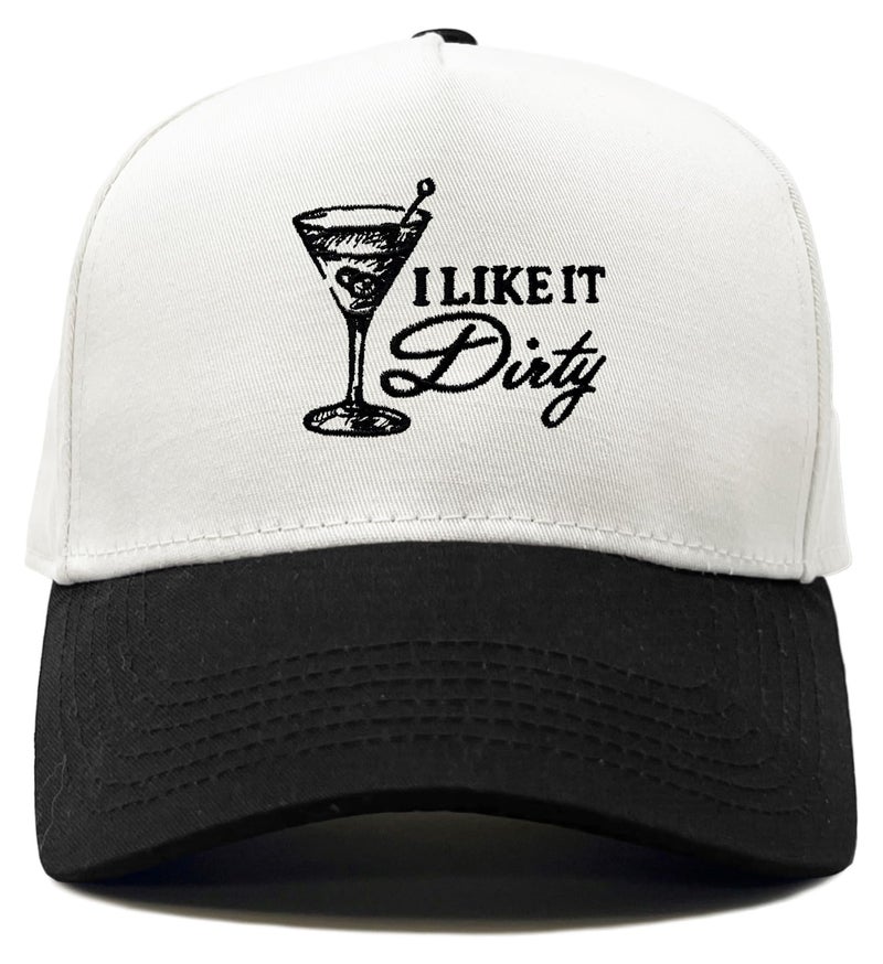 Funky Junque Cute Vintage Trucker Hat for Women, Embroidered Adjustable Snapback Baseball Cap - I Like It Dirty - Black/White - Image 1