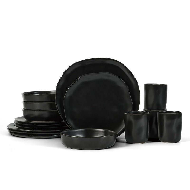 Stone by Mercer Project HEKONDA Modern Stoneware 16Piece Dinnerware Set Plate and Bowl Set Dish Set for 4 Black