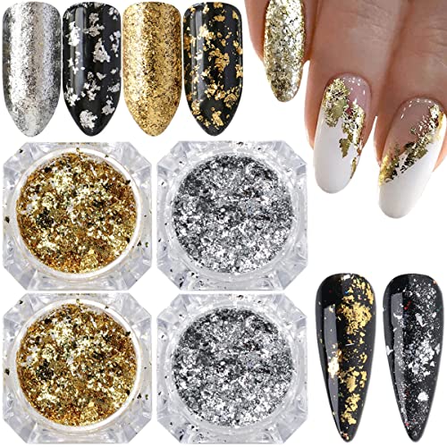 FUMIHIT Holographic Nail Foil Glitter Flakes 3D Sparkly Aluminum Foil Flake Gold Silver Nail Glitter Foil Flakes Nail Art Supplies Mirror Powder Sequins Nail Glitter for Acrylic Nails Design (4Boxes) - Image 1