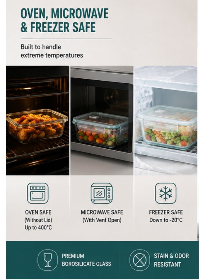 3-Piece Borosilicate Glass Food Storage Container Set with Airtight Lids – Microwave, Oven, Freezer & Dishwasher Safe – Rectangular Glass Meal Prep Containers (410ml, 700ml, 1040ml) - Image 3