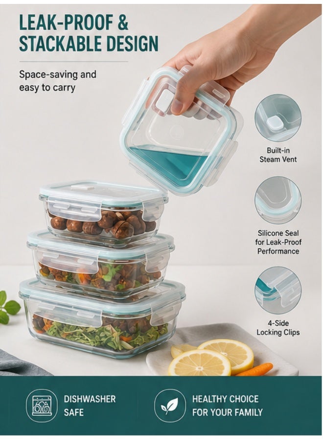 3-Piece Borosilicate Glass Food Storage Container Set with Airtight Lids – Microwave, Oven, Freezer & Dishwasher Safe – Rectangular Glass Meal Prep Containers (410ml, 700ml, 1040ml) - Image 4