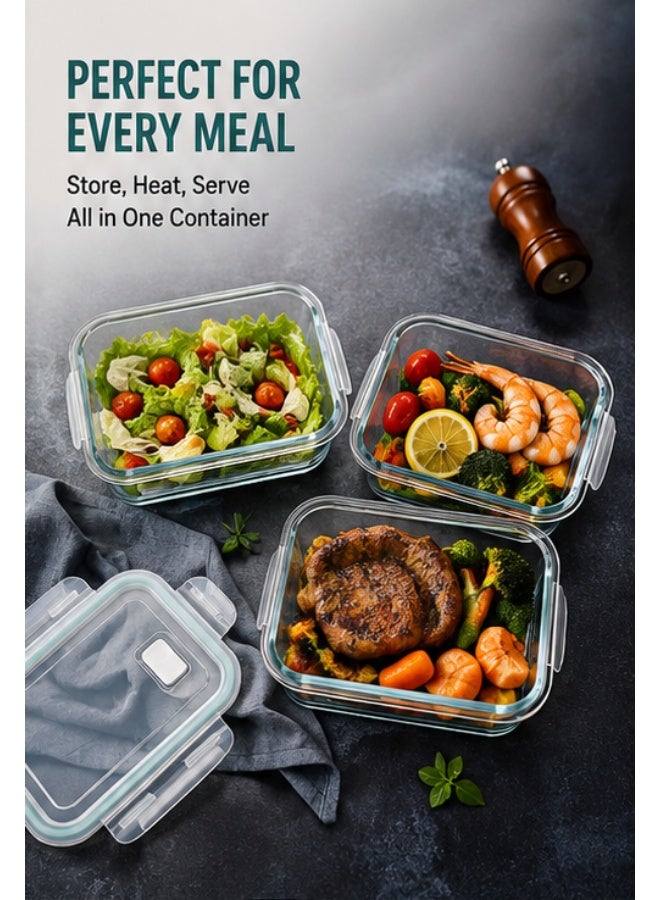3-Piece Borosilicate Glass Food Storage Container Set with Airtight Lids – Microwave, Oven, Freezer & Dishwasher Safe – Rectangular Glass Meal Prep Containers (410ml, 700ml, 1040ml) - Image 2