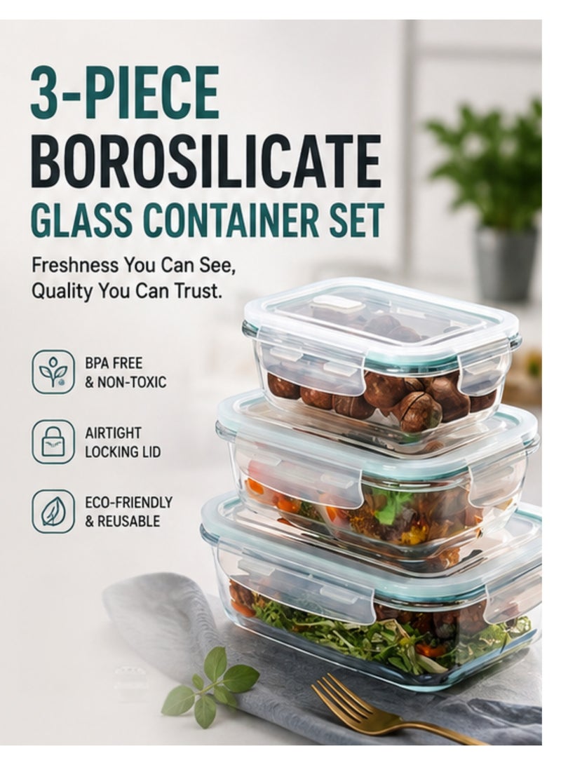 3-Piece Borosilicate Glass Food Storage Container Set with Airtight Lids – Microwave, Oven, Freezer & Dishwasher Safe – Rectangular Glass Meal Prep Containers (410ml, 700ml, 1040ml) - Image 1