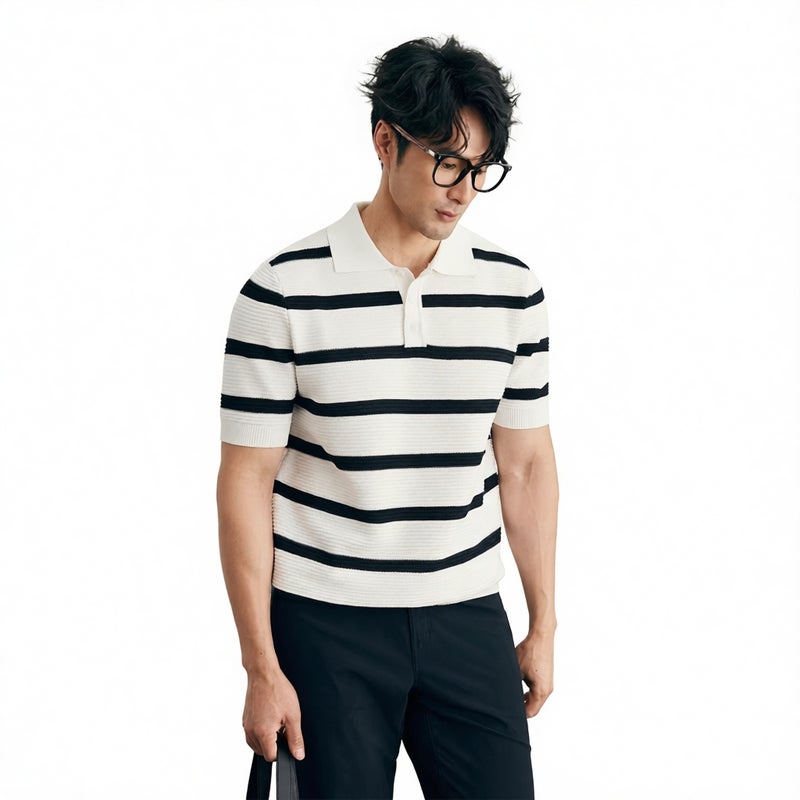 Men's Striped Polo Shirt Short Sleeve Knit Top Business Casual Summer