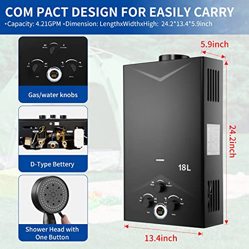 forimo Tankless Water Heater 4.74GPM 18L Outdoor Portable GasHot Water Heater Instant Propane Water Heater with Digital Display Multi-Protection for Camping Trips Boat Cabins, Black - Image 2
