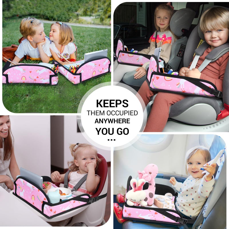 COOLBEBE Kids Travel Tray for Toddler Car Seat, Travel Tray for Airplane, Toddler Car Seat Lap Tray, Carseat Table Tray for Kids Travel Activities (Pink Unicorn -2PCS) - Image 2