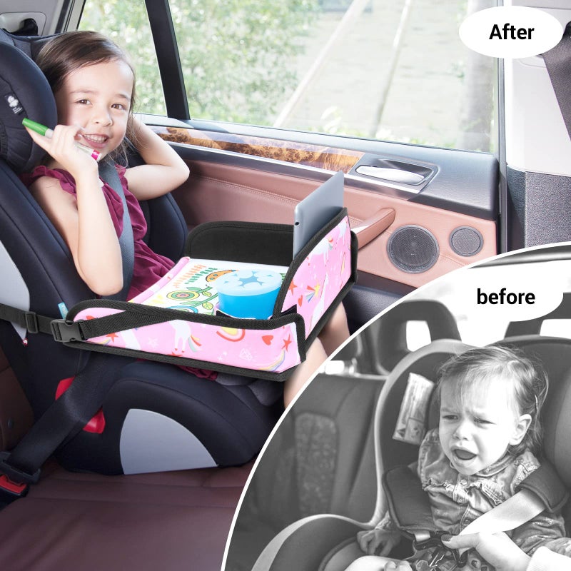 COOLBEBE Kids Travel Tray for Toddler Car Seat, Travel Tray for Airplane, Toddler Car Seat Lap Tray, Carseat Table Tray for Kids Travel Activities (Pink Unicorn -2PCS) - Image 3