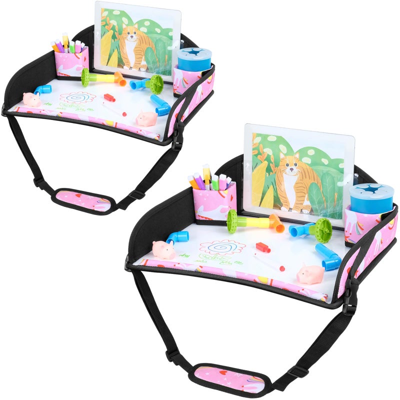 COOLBEBE Kids Travel Tray for Toddler Car Seat, Travel Tray for Airplane, Toddler Car Seat Lap Tray, Carseat Table Tray for Kids Travel Activities (Pink Unicorn -2PCS) - Image 1