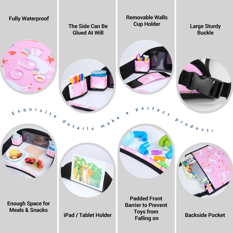 COOLBEBE Kids Travel Tray for Toddler Car Seat, Travel Tray for Airplane, Toddler Car Seat Lap Tray, Carseat Table Tray for Kids Travel Activities (Pink Unicorn -2PCS) - Image 5