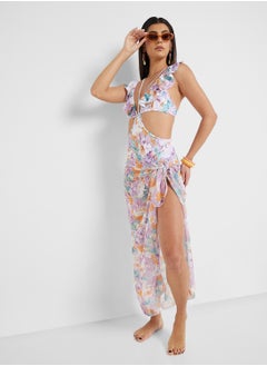 ELLA Floral Print Swimsuit With Cutout & Printed Sarong  - Image 1