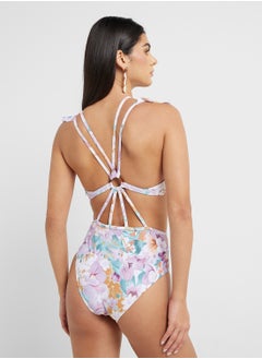 ELLA Floral Print Swimsuit With Cutout & Printed Sarong  - Image 2