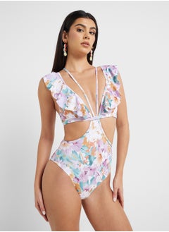ELLA Floral Print Swimsuit With Cutout & Printed Sarong  - Image 3