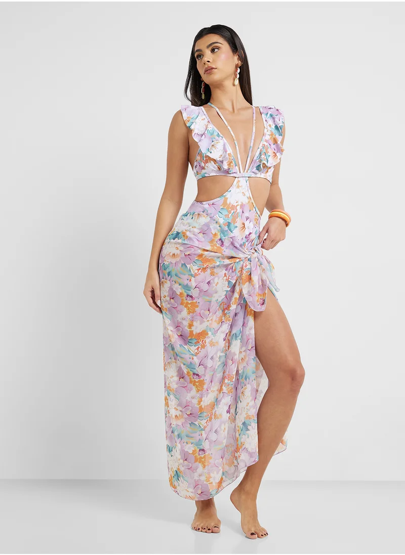 ELLA Floral Print Swimsuit With Cutout & Printed Sarong