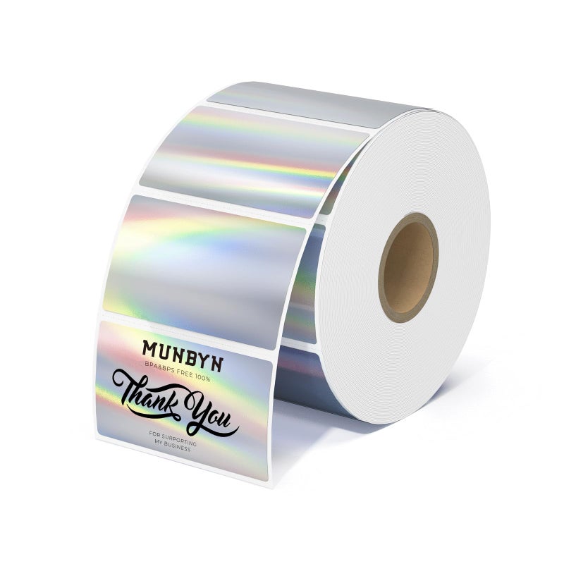 MUNBYN 225x125 Holographic Thermal Sticker Labels Silver Color SelfAdhesive Stickers Label Glitter Thermal Printer Label for DIY Logo Design QR Code Name Tag500 Sheets1 Roll - Image 2