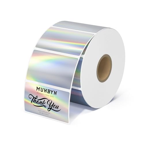 MUNBYN 225x125 Holographic Thermal Sticker Labels Silver Color SelfAdhesive Stickers Label Glitter Thermal Printer Label for DIY Logo Design QR Code Name Tag500 Sheets1 Roll - Image 1