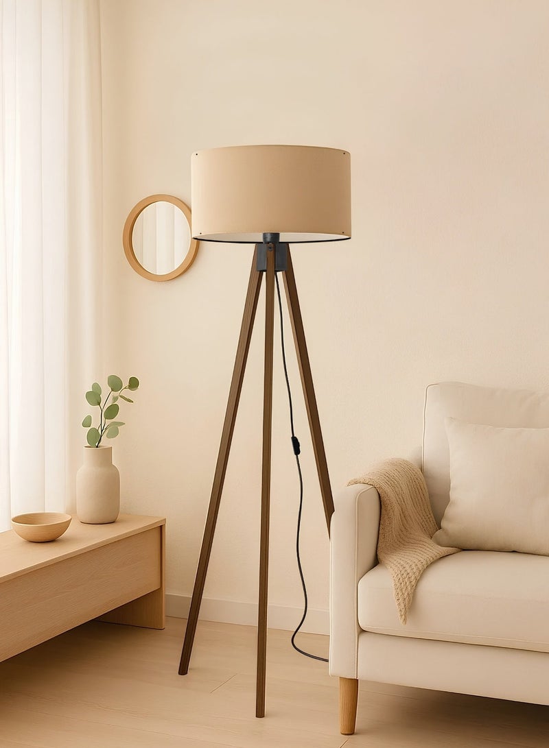 Desert Beige Wooden Tripod Floor Lamp – 140 cm Modern Minimal Standing Light for Living Room & Bedroom (E27) - Image 1