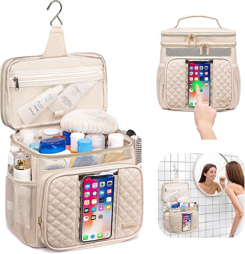 Tealari Large Leather Toiletry Bag for Women Men,Bathroom Bag,Water Resistant Shower Bag,Makeup Bag,Portable Shower Caddy for College Dorm,Hanging Travel Toiletry Bag with Transparent Waterproof Phone Pocket - Image 2