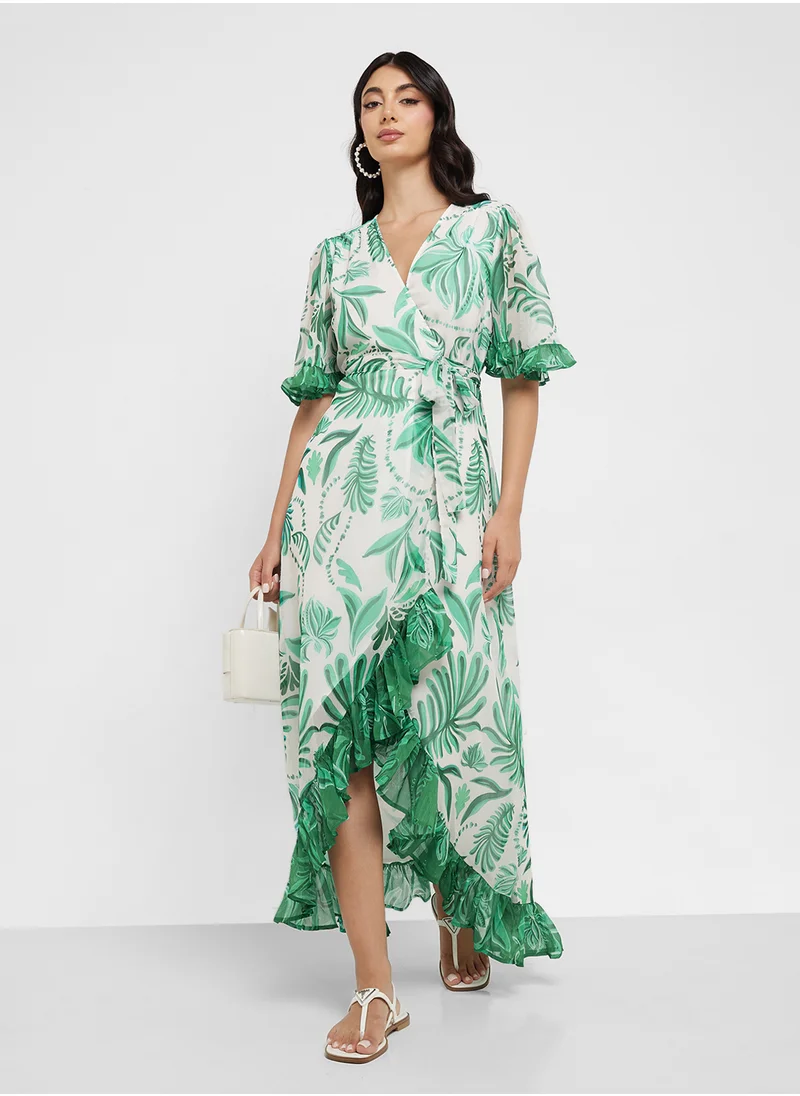 Hope & Ivy Contrast Print Frill Sleeve Wrap Dress