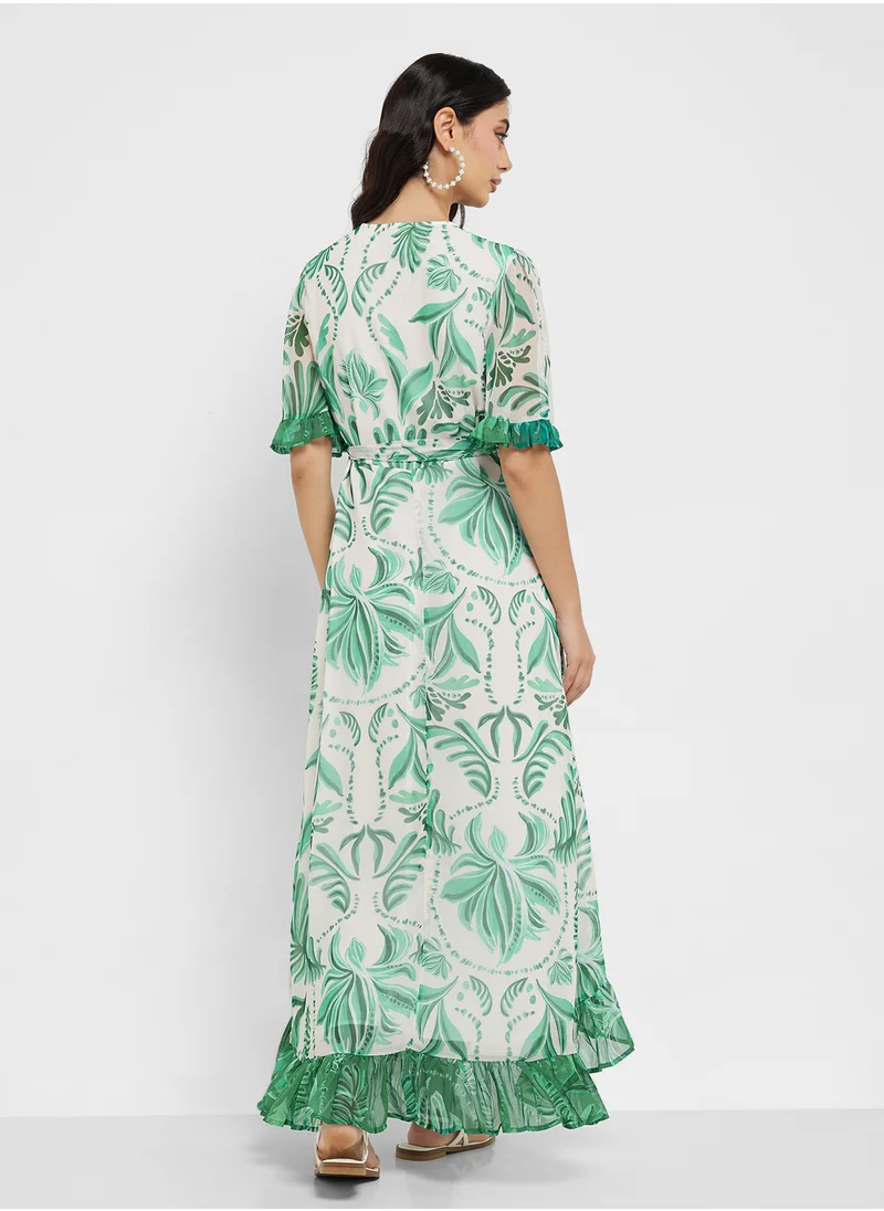 Hope & Ivy Contrast Print Frill Sleeve Wrap Dress