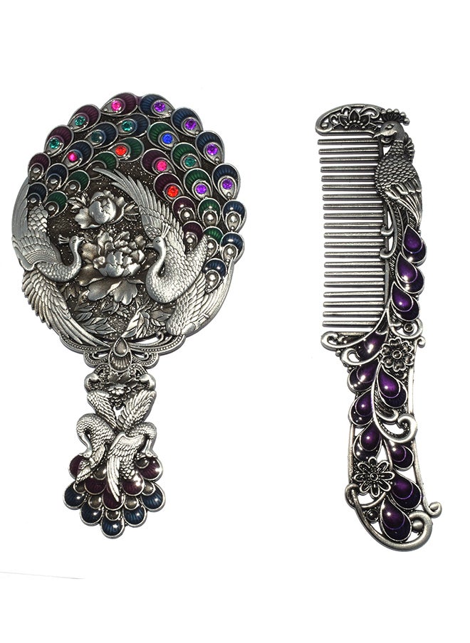 immatgar immatgar pharaonic Peafowl makeup pocket mirror with comb ancient Egyptian souvenirs gifts for women and mother from Egypt (Peafowl 11 - Silver - 13.5 CM Tall) 