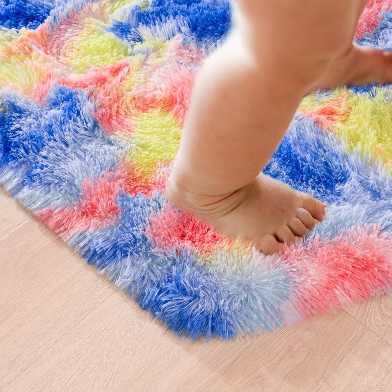 junovo Ultra Soft Hexagon Rug Fluffy Rainbow Nursery Rug for Princess Tent Kids Play Castle, Furry Hexagonal Carpet for Kids Girls Room Playhouse Classroom Dorm Home Decor, 4.6ft Tie-Dye Orange-Red - Image 4