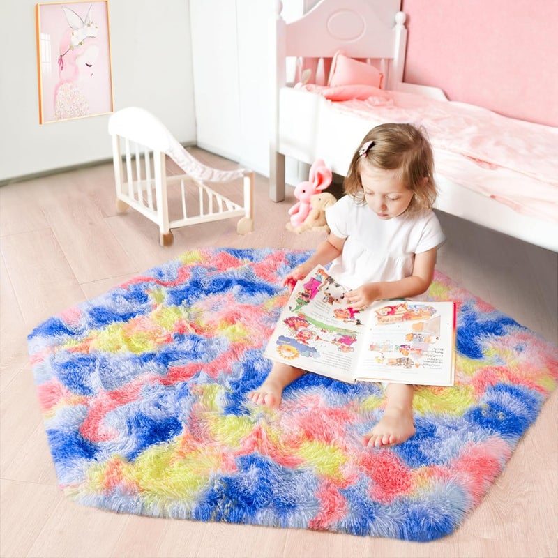 junovo Ultra Soft Hexagon Rug Fluffy Rainbow Nursery Rug for Princess Tent Kids Play Castle, Furry Hexagonal Carpet for Kids Girls Room Playhouse Classroom Dorm Home Decor, 4.6ft Tie-Dye Orange-Red - Image 1