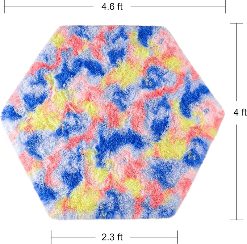 junovo Ultra Soft Hexagon Rug Fluffy Rainbow Nursery Rug for Princess Tent Kids Play Castle, Furry Hexagonal Carpet for Kids Girls Room Playhouse Classroom Dorm Home Decor, 4.6ft Tie-Dye Orange-Red - Image 2