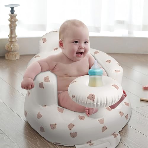 EKEPE Inflatable Baby Seat for Babies 3 Months & Up, Baby Floor Seats for Sitting Up, Baby Seats for Infants, Blow Up Baby Chair with Built in Air Pump - Beige - Bear with Tray - Image 2