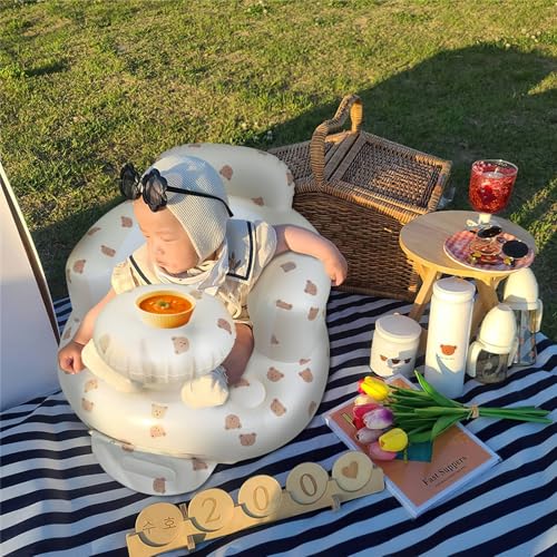 EKEPE Inflatable Baby Seat for Babies 3 Months & Up, Baby Floor Seats for Sitting Up, Baby Seats for Infants, Blow Up Baby Chair with Built in Air Pump - Beige - Bear with Tray - Image 3
