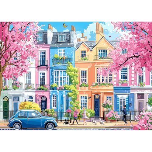 Blueforest Spring Sakura Blossom Street 1000 Piece Puzzles for Adults Clearance Impossible Challenge Art Jigsaw Puzzles for Gift Birthday Party Games Family 275X197 Inch Dust Free Puzzle - Image 1