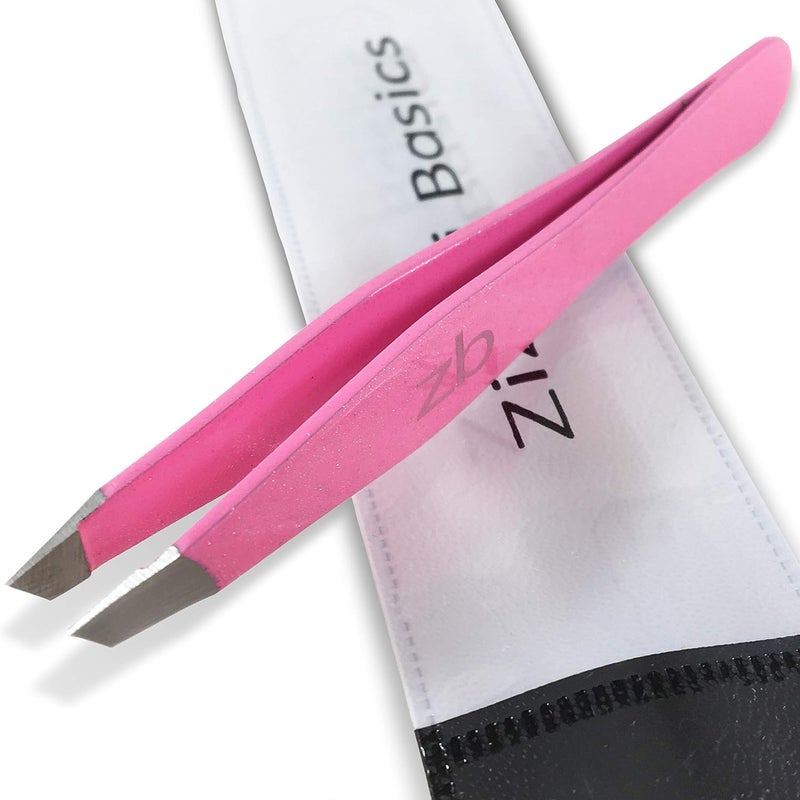 Tweezers Surgical Grade Stainless Steel Slant Tip for Expert Eyebrow Shaping and Facial Hair Removal with Protective Pouch Bubblegum Pink