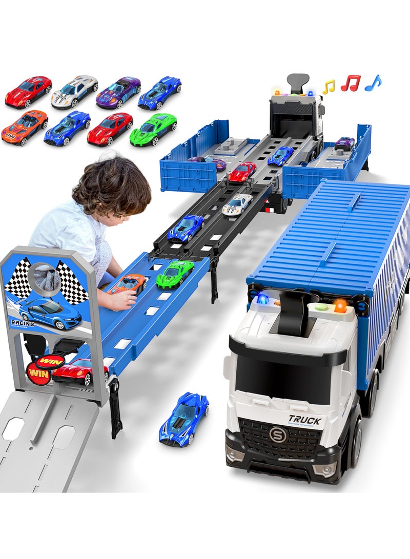 Kinmed Race Car Track Toy Truck ,with Slots and Foldable, Race Tracks Transport Car Carrier Toy, with 8 Alloy Cars Vehicles Toy Set for 3+ Kids Boys Girls  - Image 1
