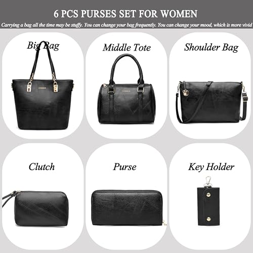 2E-youth Women Designer Purses And Handbags Set Satchel Shoulder Bags Tote Bags 6pcs Wallets (black) - Image 2