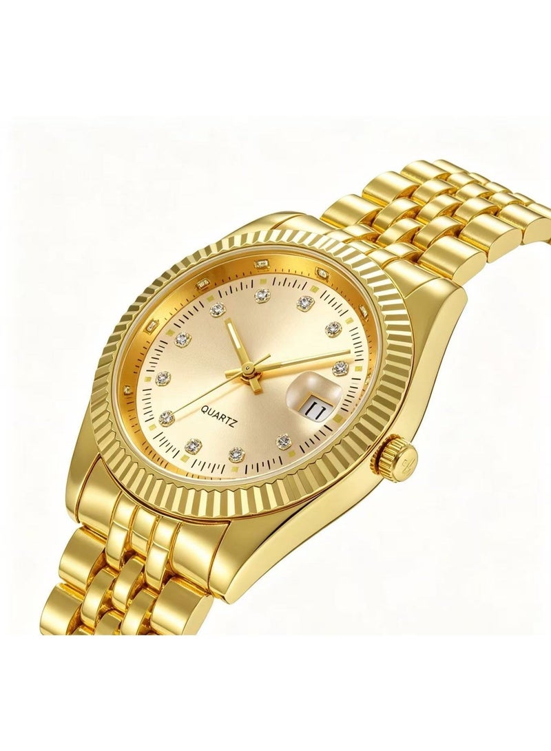 Men‘s Calendar Gold Watch Luminous Alloy Steel Watch Rugged Waterproof Watches Roman Numeral Unique Calendar Date Business Wrist Watch - Image 3