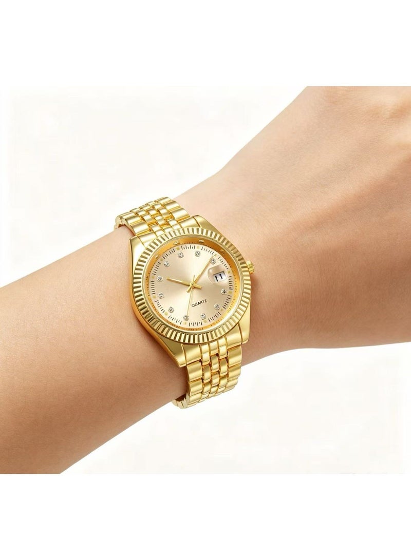 Men‘s Calendar Gold Watch Luminous Alloy Steel Watch Rugged Waterproof Watches Roman Numeral Unique Calendar Date Business Wrist Watch - Image 1