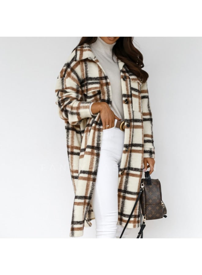 Women's Clothing  Autumn And Winter New Long Sleeve Lapel Warm Retro Plaid Long Woolen Coat Women