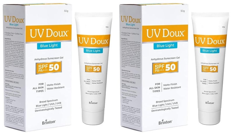 Brinton جل واقي شمس برينتون يو في دوكس بلون الأزرق SPF 50 PA UVA UVB درع الضوء الأزرق خالي من الزيوت غير كوميدوغيني خفيف الوزن مقاوم للماء مختبر من قبل أطباء الجلدية لجميع أنواع البشرة 50 جرام × 2 - Image 1