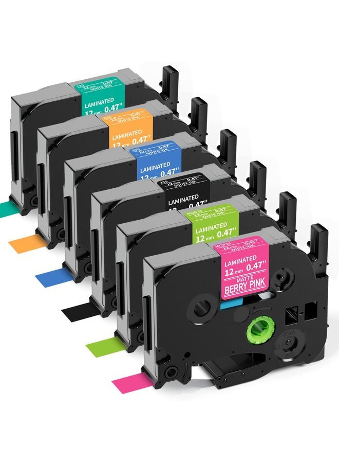 Labelife 6-Pack Replace Brother P Touch Label Tape, TZe TZ Tape 12mm 0.47 Laminated Color Label Maker Tape for Brother PT-D210 PT-H110 PT-D220 PT-D400, White on Pink/Lime Green/Orange/Blue/Green/Black - Image 1