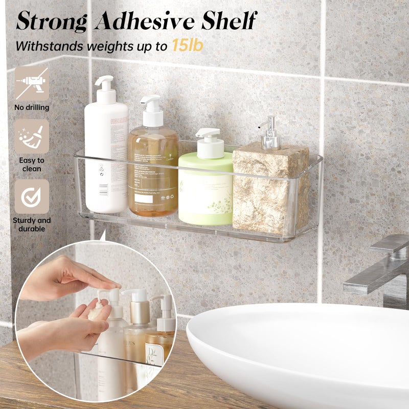PAVSTINE 2 Pcs Clear Shower Shelf, Large Bathroom Wall Mounted Shower Caddy, No Drill Self Adhesive Bathroom Organizer with Self Adhesive Tape - Image 2
