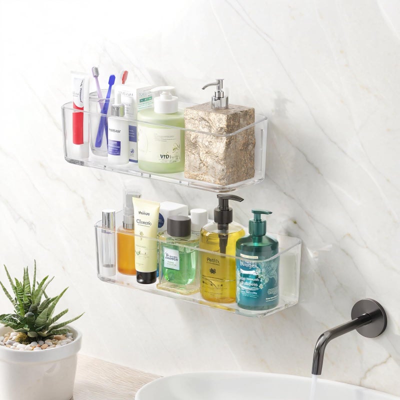 PAVSTINE 2 Pcs Clear Shower Shelf, Large Bathroom Wall Mounted Shower Caddy, No Drill Self Adhesive Bathroom Organizer with Self Adhesive Tape - Image 1