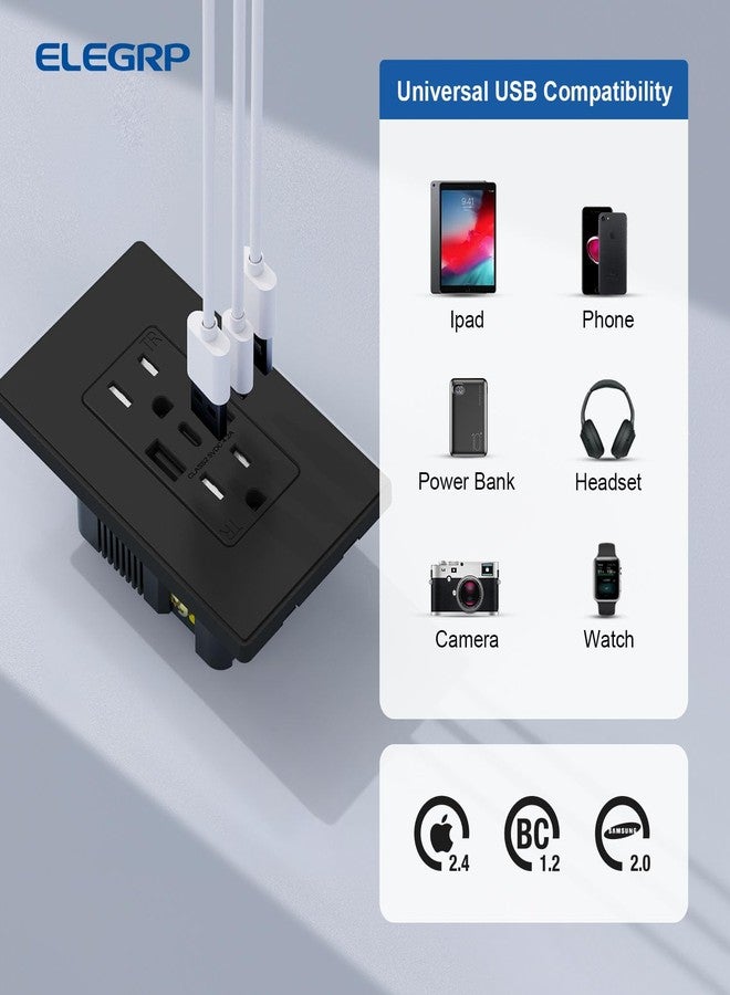 ELEGRP USB Wall Outlets, 3-Ports Type C Wall Outlets Receptacles, Matte Black 15 Amp Outlets with 3 Ports, TR Tamper-Resistant Outlets, Screwless Wall Plate Included, UL & CUL Listed, 2 Pack - Image 4